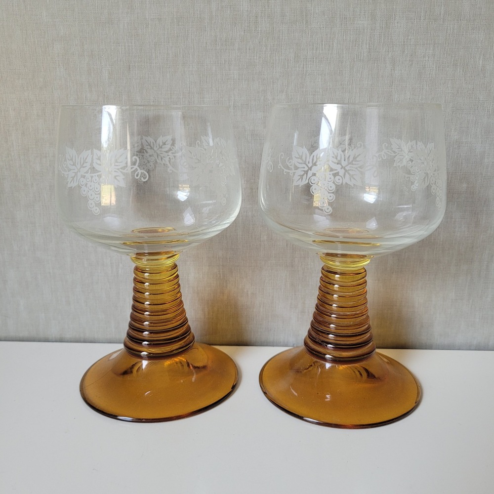 Vintage German Roemer Wine Glasses Set of 2 Amber Beehive Stem Etched Grape MCM